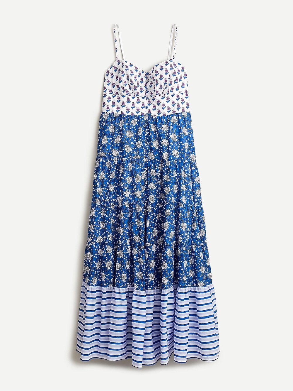 J.Crew Button-front maxi dress in mixed block prints blue white with pockets